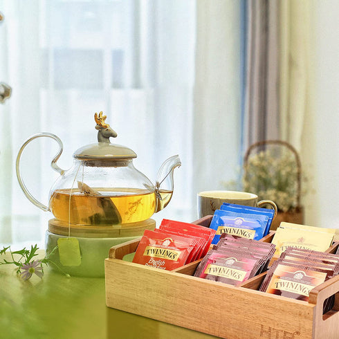 Small Wooden Tea Bag Box 2PCS by HTB, 3 Compartments Acacia Wood Tea Bag Chest with Handle, Mini Countertop Divided Storage Container for Beverage Supplies, Sugar, Sweeteners, Individual Packets