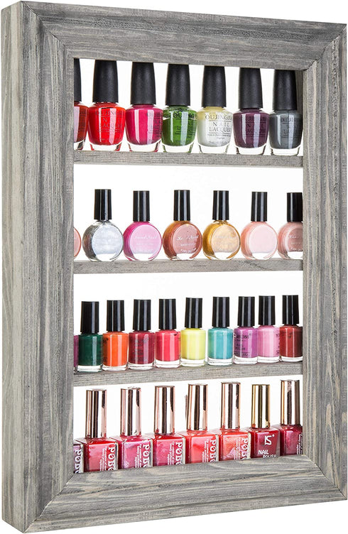 MyGift Vintage Gray Wood Hanging Nail Polish Rack Wall Mount Organizer, 4 Tier Makeup Bottle Holder or Essential Oil Display