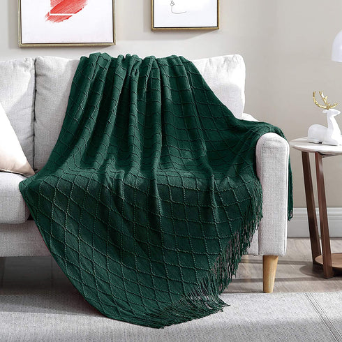 Walensee Throw Blanket for Couch, 50 x 60 Forest Green, Acrylic Knit Woven Summer Blanket, Lightweight Decorative Soft Nap Throw with Tassel for Chair Bed Sofa Travel Picnic, Suitable for All Seasons