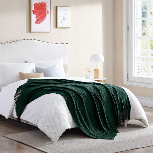 Walensee Throw Blanket for Couch, 50 x 60 Forest Green, Acrylic Knit Woven Summer Blanket, Lightweight Decorative Soft Nap Throw with Tassel for Chair Bed Sofa Travel Picnic, Suitable for All Seasons
