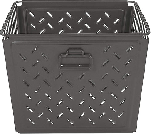 Spectrum Diversified Macklin, Stamped Steel & Wire Basket for Closet & Cubby Storage Vintage-Inspired Design with Customizable Label Plate, Large, Gray