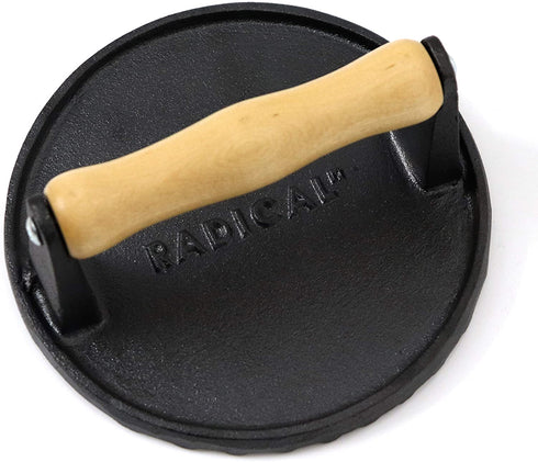 Radicaln Burger Press Round 7 Inches Diameter Heavy Cast Iron Bacon Press with Wooden Handle for Kitchen & Commercial Grade - Pre Seasoned Sandwich & Grill Press - Quesadillas, Hamburgers & Steaks