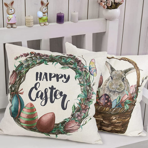 AOKE Set of 4 Easter Throw Pillow Covers 18 x 18 Inches, Rabbit Bunnies with Eggs Cotton Linen Pillow Case, Spring Season's Sofa Bed Throw Cushion Cover Decoration