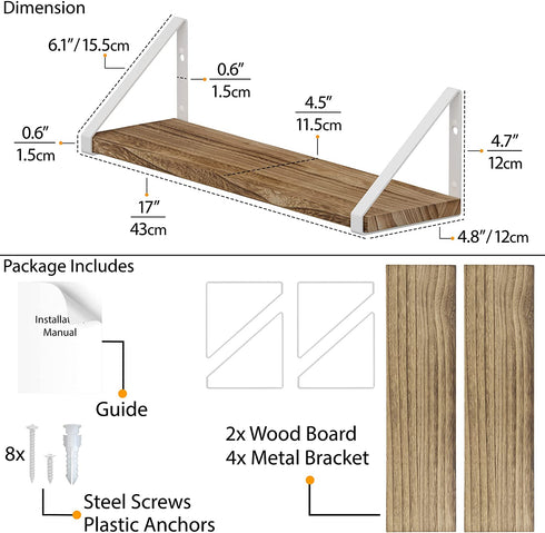 Wallniture Ponza Floating Shelves for Wall, Bathroom Shelves Wall Mounted Set of 2, Burned Finish Wood Shelves with White Shelf Brackets
