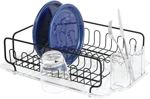 iDesign Forma Lupe Kitchen Dish Drainer Rack with Tray for Drying Glasses, Silverware, Bowls, Plates - Black Matte/Clear
