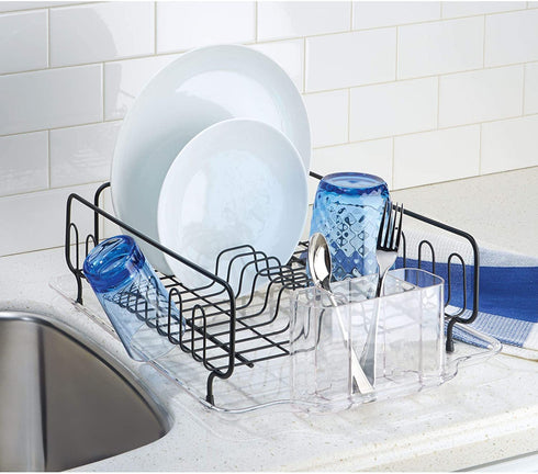 iDesign Forma Lupe Kitchen Dish Drainer Rack with Tray for Drying Glasses, Silverware, Bowls, Plates - Black Matte/Clear