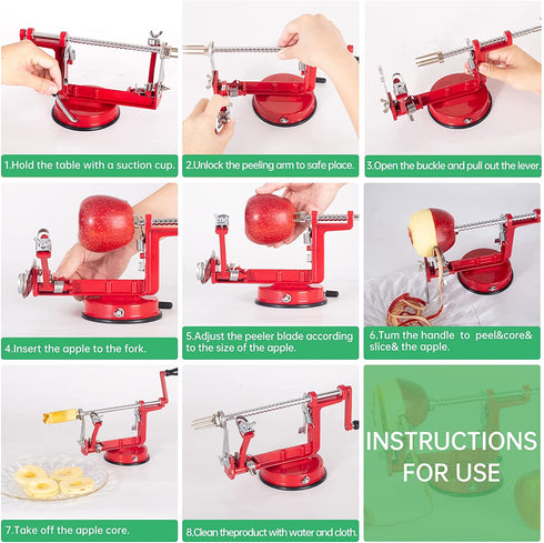 Apple Peeler Slicer Corer Apple Corer and Slicer Stainless Steel Apple Corer Slicer Peeler Fruit Peeler Apple Peelers for Kitchen Durable Alloy Apple Peeler with Powerful Suction Base Red