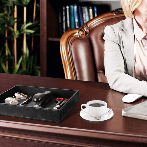 SITHON Valet Tray Desk Organizer, PU Leather Catchall Tray Bedside Vanity Tray Nightstand Caddy Coin Box Key Jewelry Storage Organizer, Black