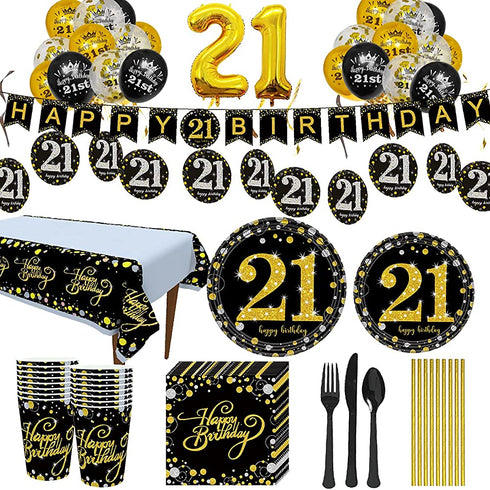 Trgowaul 21st Birthday Party Supplies - Black and Gold Disposable Paper Plates, Napkins, Cups, Tablecover Forks, Knives and Spoons for 24 Guests and Party Number Balloon Decorations Banner