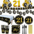 Trgowaul 21st Birthday Party Supplies - Black and Gold Disposable Paper Plates, Napkins, Cups, Tablecover Forks, Knives and Spoons for 24 Guests and Party Number Balloon Decorations Banner