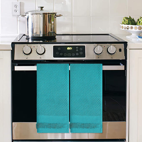 Kitinjoy 100% Cotton Waffle Weave Kitchen Towels, 13 x 28 Inches, Super Soft and Absorbent Dish Towels for Drying Dishes, 4-Pack, Teal
