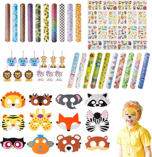 64 Pcs Jungle Safari Party Favors - Safari Birthday Party Supplies with Felt Animal Masks for Kids, Slap Bracelets, Keychains, Temporary Tattoos - Safari Birthday Decorations for Goodie Bag Fillers