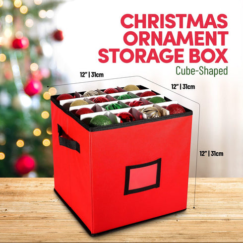 Christmas Ornament Storage Box - 12 x 12 Inch, 4-Layer Ornament Storage Container Fits Up To 64 Christmas Balls - Heavy-Duty Polyester Ornaments Storage and Organizer with Removable Lid