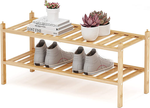 Qompaxs Shoe Rack - 2 Tier, Bamboo Stackable Shoe Storage Organizer Unit Entryway Shelf, Detachable Porch Storage Rack (Natural)