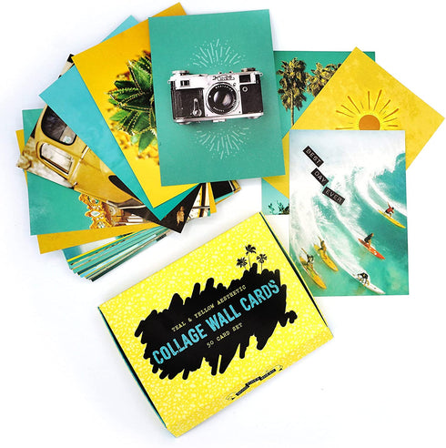 LARGER SIZED Yellow & Teal Blue Photo Wall Collage Kit (50 Picture Set, 5" x 7" size), Sunny Summer Beach Daytrip Themed Photo Wall Collage Kit Aesthetic Pictures