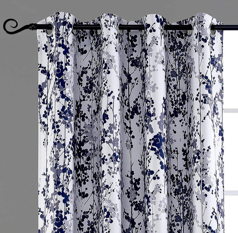 DriftAway Leah Abstract Floral Blossom Ink Painting Room Darkening Thermal Insulated Grommet Unlined Window Curtains 2 Panels Each Size 52 Inch by 84 Inch Navy Silver Gray