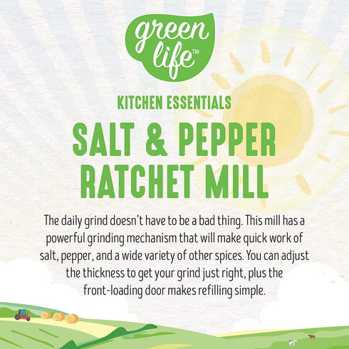 GreenLife Salt and Pepper Grinder, Mess-Free Ratchet Mill, Adjustable Coarseness and Easily Refillable, Red