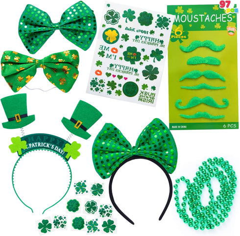 JOYIN 97PCS St. Patrick's Day Party Favor Accessories, 6 Serve Dressing-up Set, with Shamrock Hat Headband, Necklace, Bow Headband, Sequin Bow, Beards,Shamrock Tattoo,Sticker for Party Decoration