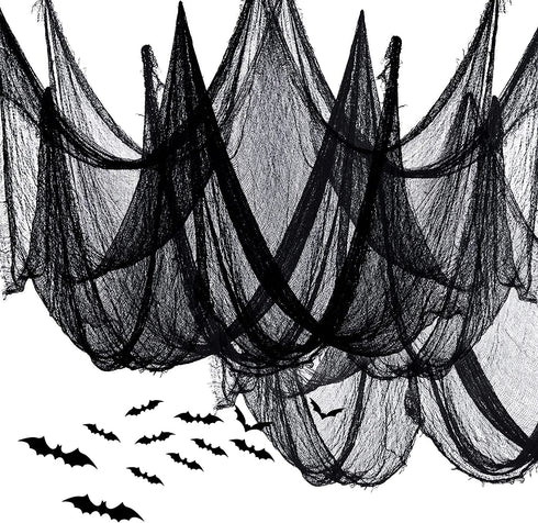 MELLIFUL Huge Halloween Creepy Cloth with 12 PCS Bats Spooky Hanging Scary Gauze Fabric Black 315 x 79 Inch Window Cover Gauze Halloween Decorations for Party Home Wall Yard Outdoor Doorway
