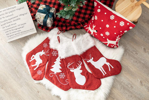 NIGHT-GRING Christmas Stockings, 4 Pcs 20" Big Xmas Stockings, Burlap Style Snowflake,Christmas Tree and elk and Plush Faux Fur Cuff Stockings, for Family Holiday Xmas Party Decorations (White-Fluff)