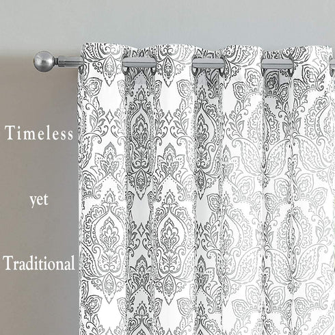 FMFUNCTEX White Grey Damask Print Curtains for Bedroom 63 inch Total Privacy Vintage Flower Window Drapes Living Room Grommet Top 50" w x Set of 2