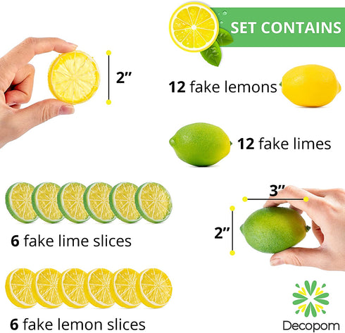 Fake Lemons Limes and Slices Set - 36 Kit Decoration Faux Citrus Fake Fruit - Artificial Lemons Fruit Decorations for Kitchen Home Office Weddings Table Centerpiece Party Tree Lemon Decor for Kitchen