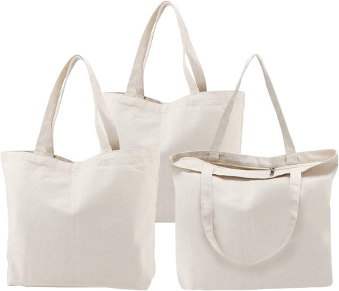 Tote Bags with Zipper, 3PCS Segarty 16.5x13 inch Natural Heavy DIY Tote for Crafting, Ironing and Embroidering, White Canvas Tote, Reusable Grocery Shopping Bag