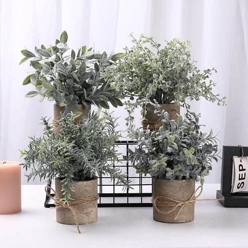 Artificial Topiaries Plants & Flowers, 4 Pcs Mini Plants Artificial Potted Set Fake Green Grass Plant Faux Plastic Topiary for Home Office Desk Bathroom Kitchen Counter Decoration (Nature)