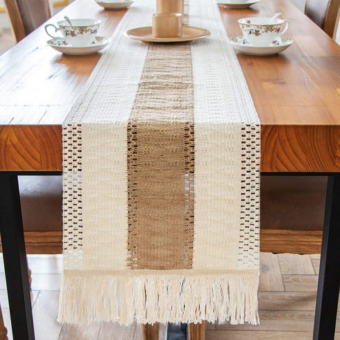 OurWarm Macrame Table Runner Farmhouse Style, Natural Burlap Table Runner Cotton Lace Boho Table Runner with Tassels for Bohemian Rustic Wedding Bridal Shower Home Dining Table Decor, 12 x 108 Inch