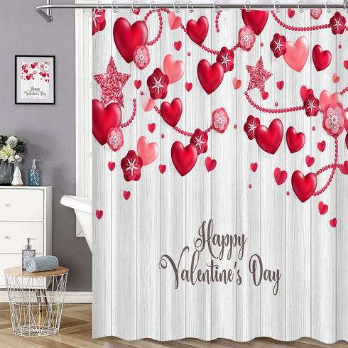 Valentine's Day Shower Curtain Farmhouse Romantic Red Love Hearts Floral Bathroom Curtains, Rustic Vintage Wooden Shiny Star Fabric Shower Curtain Set, 72 x 72 Inch