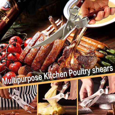 SMTENG sharp Poultry Shears?Good Grips Spring Loaded Poultry Scissors, Heavy Duty Kitchen Shears For Meat, Poultry & More, Multipurpose Kitchen Scissors with Pakka wood ox horn handle