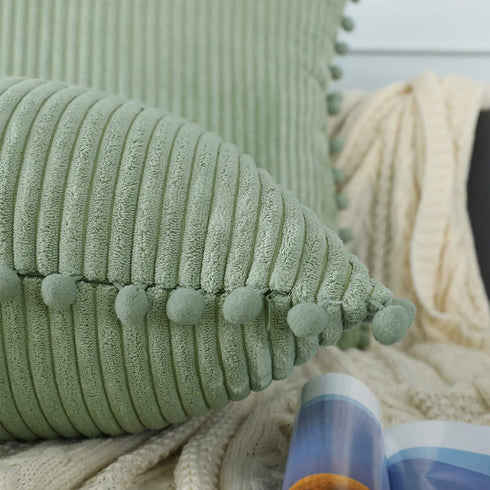 sykting Sage Green Pillow Covers 18x18 inch Soft Striped Boho Farmhouse Decorative Throw Pillow Covers with Pom Poms for Couch Sofa Bed Chair Outdoor Pack of 2