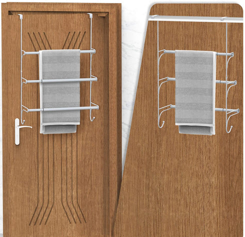 Auledio Adjustable Over The Door Triple Towel Rack with Hooks,Silver