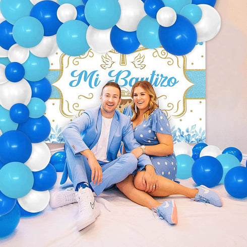 78PCS Mi Bautizo Banner Backdrop Blue Balloons Garland Kit for He God Bless Baby Boy Baptism Party Decorations First Communion Decor Christening Celebration Accessories Gender Photo Background Ideas