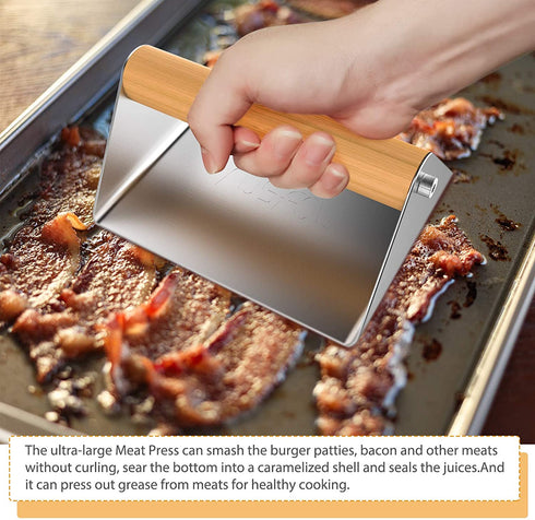 RUSFOL Large Stainless Steel Grill Smasher with a Stainless Steel Griddle Spatula, Heavy Duty Bacon Press,Wooden Handle Burger Smasher, No Rust,Easy to Maintain&Use, Good for Indoor&Outdoor use