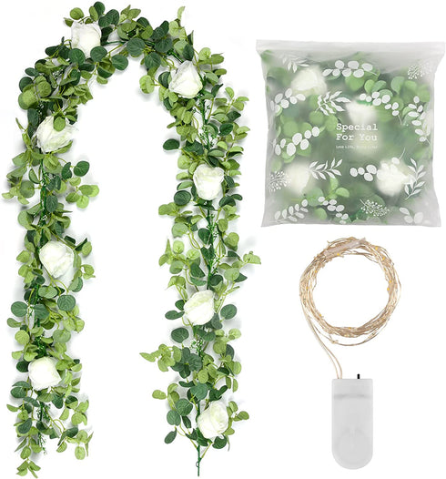 Artificial Eucalyptus Garland, Seasky Greenery Garland Vines with Lights Garland Eucalyptus Leaves with 8 Roses for Garden Home Office Party Decor Indoor, Wedding Arch Decor Outdoor