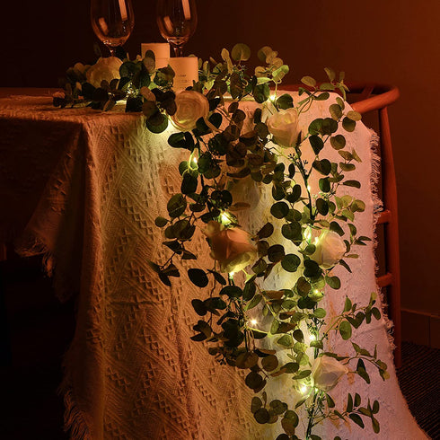 Artificial Eucalyptus Garland, Seasky Greenery Garland Vines with Lights Garland Eucalyptus Leaves with 8 Roses for Garden Home Office Party Decor Indoor, Wedding Arch Decor Outdoor