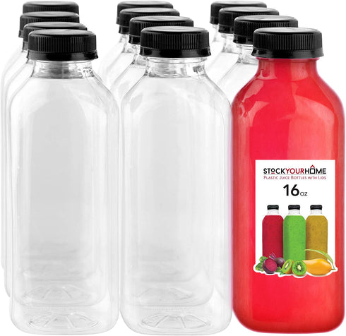 16 Oz Plastic Bottles with Caps, Reusable Bottles for Juicing, Smoothie Bottles with Lids, Plastic Bottles for Drinks, Juice Bottles 16oz 12 Count