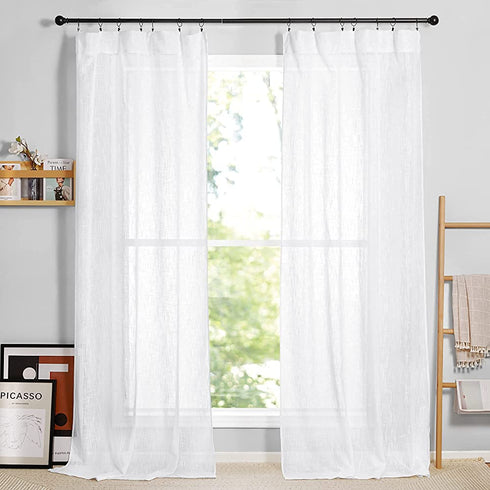 RYB HOME White Sheer Curtains 84 inch Length 2 Panels Set, Semi Sheer Linen Curtains Privacy Natural Linen Blend Drapes Sunlight Filtering for Living Room Bedroom Patio Door, W 52 x L 84