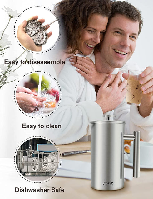French Press Portable Coffee Maker - 4 Level Filtration System, 34 Oz 304 Stainless Steel Coffee Press, Tea Maker, No Coffee Grounds, with 2 Extra Screens & Spoon, Rust-Free, Dishwasher Safe, BPA Free (Silver)