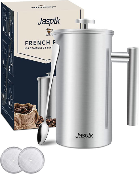 French Press Portable Coffee Maker - 4 Level Filtration System, 34 Oz 304 Stainless Steel Coffee Press, Tea Maker, No Coffee Grounds, with 2 Extra Screens & Spoon, Rust-Free, Dishwasher Safe, BPA Free (Silver)