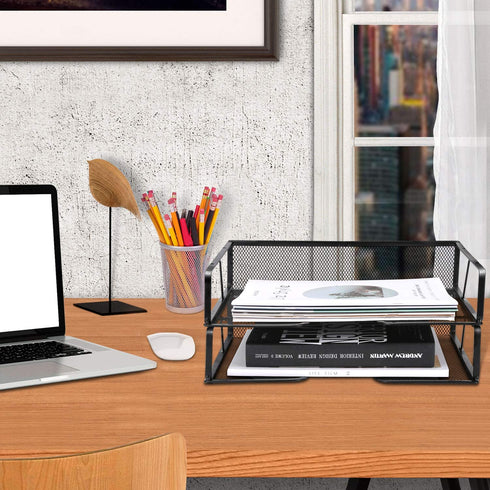 Meshist Stackable Letter Tray Desk Organizer, 2 Tier Mesh Desktop File Organizer, Document Paper Tray Organizer, Perfect for Home and Office, Black