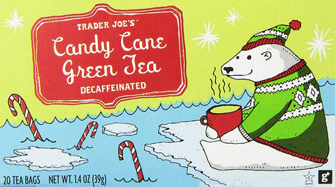 Trader Joes Candy Cane Green Tea Decaffeinated 20 Tea Bags, a Holiday Favorite with Peppermint,vanilla and Cinnamon Flavors