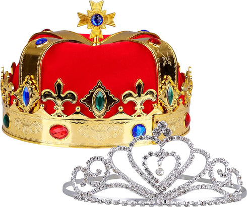 FiGoal King and Queens Royal Crowns 2 Pack Gold Crown and Rhinestone Crystal Tiara for Costume Accessories Role Play Gifts for Easter Basket Stuffers