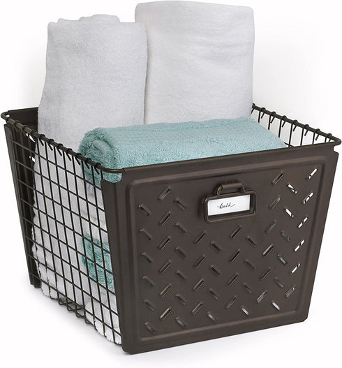 Spectrum Diversified Macklin, Stamped Steel & Wire Basket for Closet & Cubby Storage Vintage-Inspired Design with Customizable Label Plate, Large, Gray