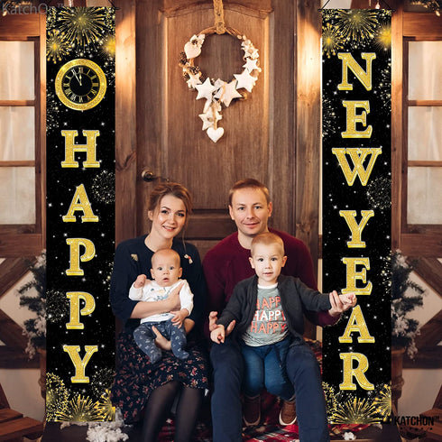 Large New Year Door Banner, 2 Pieces - 72x12 Inch, Happy New Year Banner 2022 | New Year Door Hanging Decorations | New Year Door Sign for New Years Eve Party Supplies 2022 Happy New Year Decorations