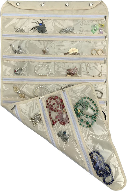 BB Brotrade Hanging Jewelry Organizer with Oxford Dual Side 56 Zippered Storage Pocket?Beige?