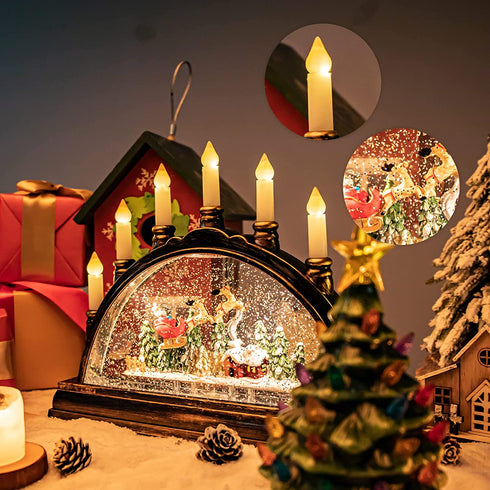 Christmas Snow Globe Lantern Decorations - 10 Inch Lighted Candlestick Lantern Batteries Operated LED Santa Sits in Sleigh Water Glittering for Xmas Home Gift Decor