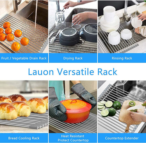 Roll Up Dish Drying Rack?Lauon Over The Sink Multipurpose Dish Drainer Tray Mat?304 Stainless Steel Foldable Dish Rack (17.8''x11.8'')