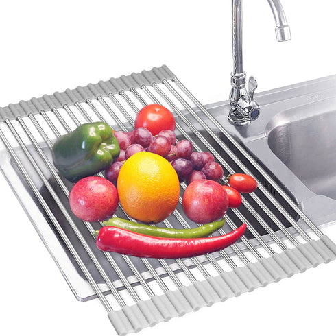 Roll Up Dish Drying Rack?Lauon Over The Sink Multipurpose Dish Drainer Tray Mat?304 Stainless Steel Foldable Dish Rack (17.8''x11.8'')